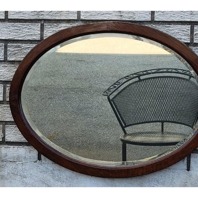 19th Century Victorian Oval Oak Wall Mirror Beveled Edge Antique Glass For Sale - Image 9 of 11
