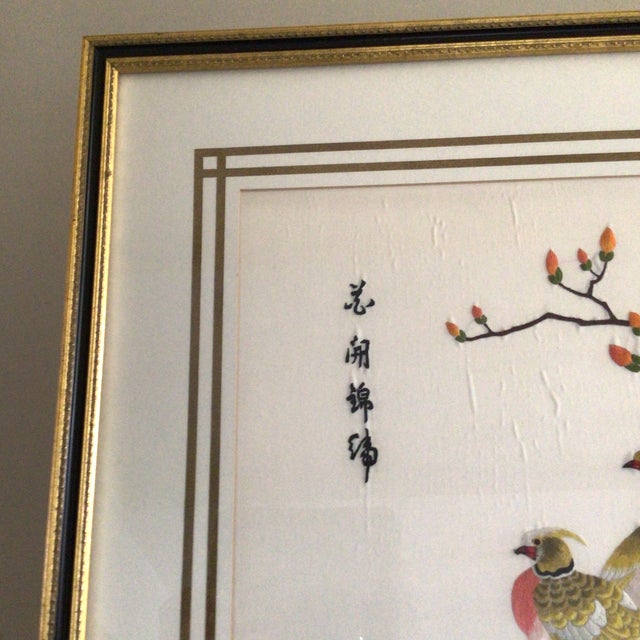 Red 1930s Asian Silk Embroidery Panel Featuring Fairy Birds, Peonies For Sale - Image 8 of 12