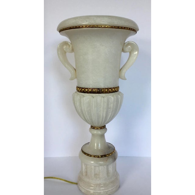 Early 20th Century Vintage Tall Carved Alabaster Marble and Bronze Urn Table Lamp For Sale - Image 5 of 12