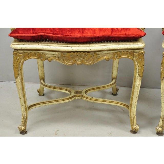 Vintage French Louis XV Style Cream Painted Carved Wood Cane Arm Chairs - A Pair For Sale In Philadelphia - Image 6 of 18