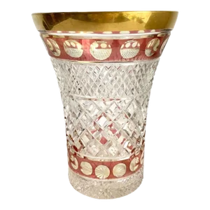Bohemian Cut Crystal Vase Cranberry Glass Gold Rim Hollywood Regency 1960s