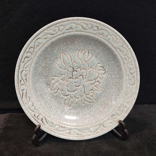 Chinese Ceramic Plate,Guan Ware Crackle Glaze Porcelain Plate Hand Carved Flowers Pattern For Sale - Image 4 of 10