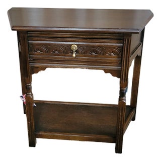 1920s English Oak Carved Drawer Front Angle Sided Table For Sale