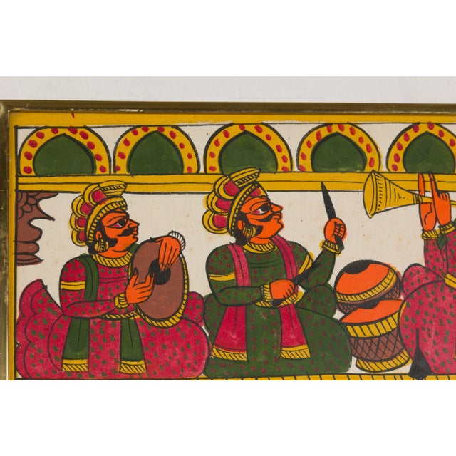 Antique Hand Painted Indian Folk Art Musicians & Archers Painting For Sale - Image 10 of 12