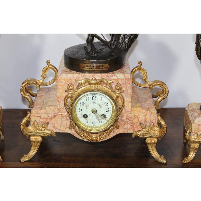 Ebony Antique Clock Garniture Rare French 1896 "Amour Irresistible" Angel Statue Pink Marble 3-Piece Mantel Set For Sale - Image 8 of 17