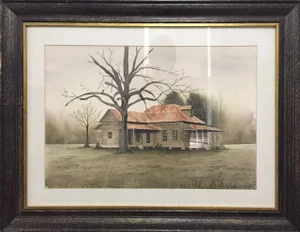 Late 20th Century "Louisiana Homestead" Watercolor Painting on Paper, Framed