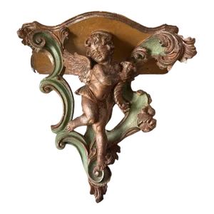 19th Century Large Carved Wood Polychrome Italian Cherub Angel Shelf Sconce