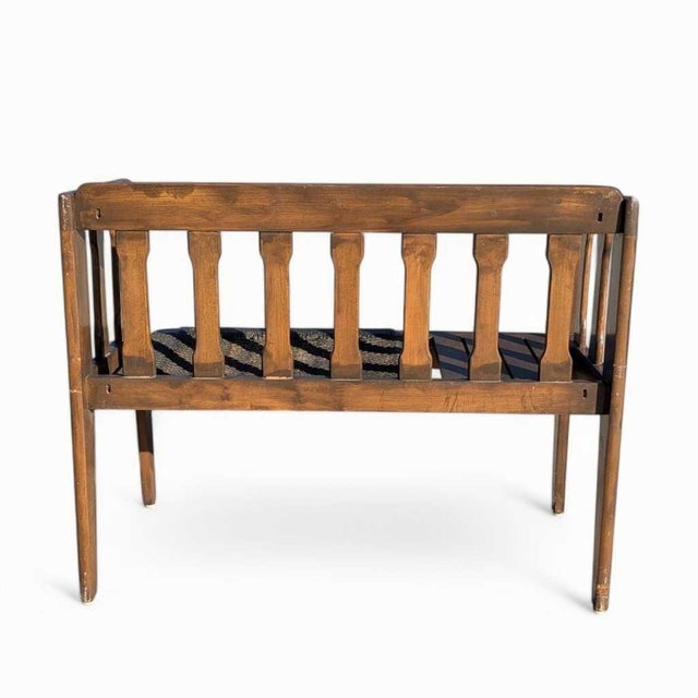 1960s Mid-Century Wood Bench With Black Woven Strap Seat For Sale - Image 5 of 15