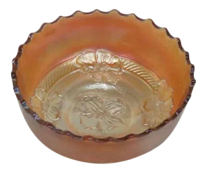 Dugan Apple Blossoms Marigold Carnival Glass Scalloped Bowlb