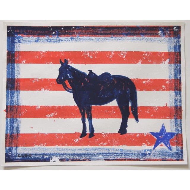 Horse in navy blue with a Western saddle, and ready to ride into the Stars and Stripes American landscape.Traditional red...