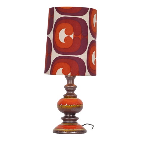 German Ceramic Table Lamp in Warm Orange and Brown Tones with Spacey Fabric Shade, 1970s For Sale