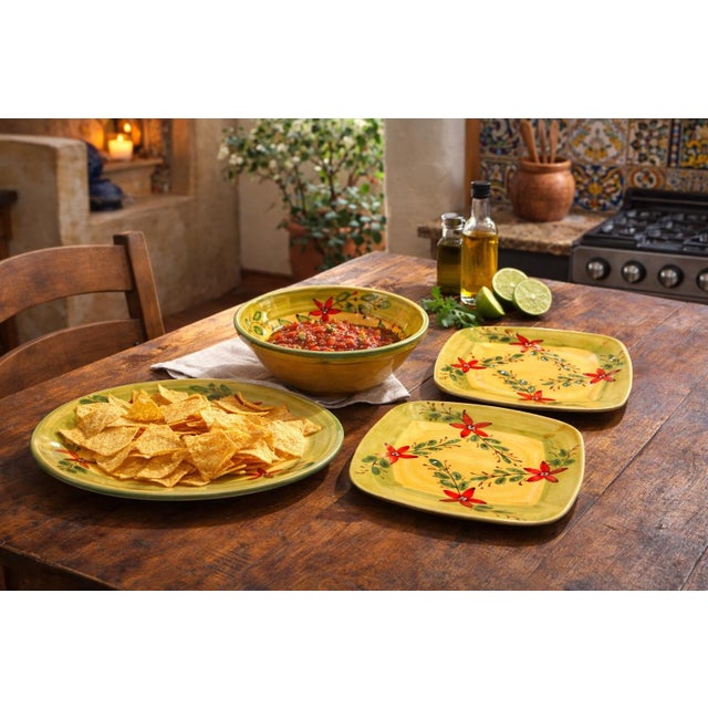 Hand-Painted Southwestern Floral Ceramic Entertaining Serving Set – (Platter, Bowl & Two Plates) 4 Pieces For Sale - Image 9 of 11