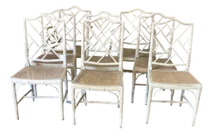 Set of 8 Bleached Chinese Chippendale Faux Bamboo Dining Chairs