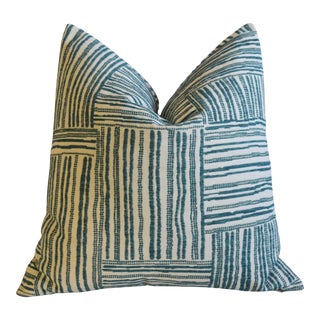Teal-Green & Cream African Textile Feather/Down Pillow 21" Square For Sale