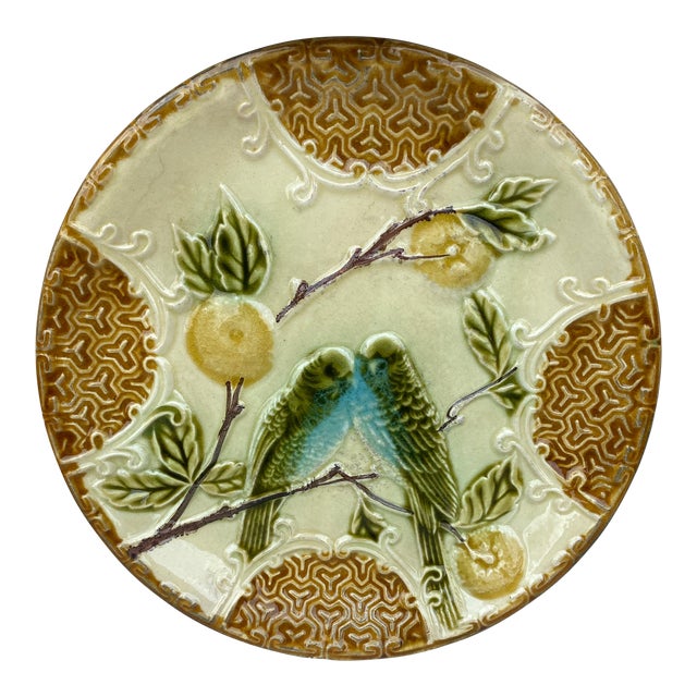 French Majolica Parakeets Plate Salins, Circa 1890 For Sale