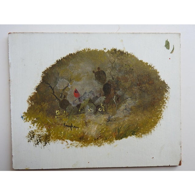 Late 20th century oil on masonite miniature painting of Cardinal in cactus patch by Ron Vaughan (1937 - 2020) Texas....