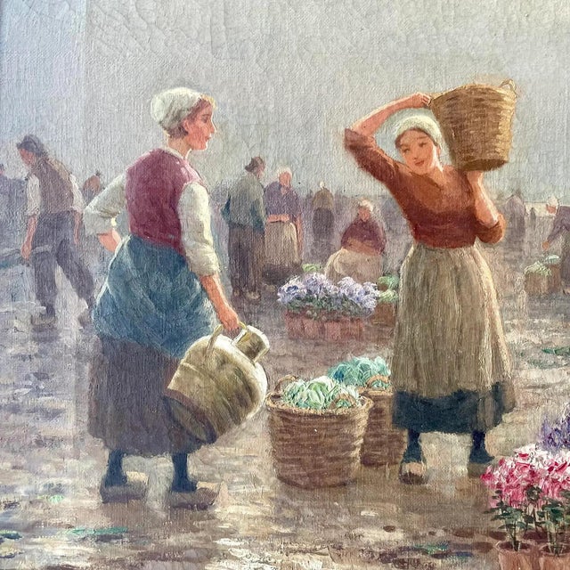 Antique Dutch Large Oil Painting by H. M. Gabriel – “Flower Sellers on a Quay”, Signed and Framed Original Art For Sale - Image 4 of 9
