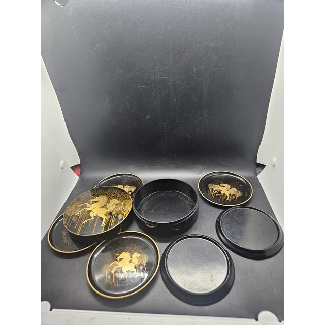 Mid-Century Modern Vintage Otagiri Unicorn Gold/Black Melamine Six Coasters/Box, Japan For Sale - Image 3 of 6