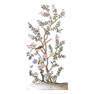 Elegant Sage Green Hand-Painted Wallpaper | Chinoiserie Bird & Blossom Mural | Luxury Entryway Wall Art For Sale