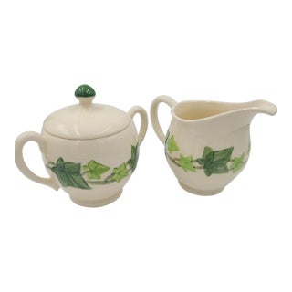 1950s Franciscan Ivy Hand-Decorated Creamer & Lidded Sugar Set - 3 Pieces For Sale