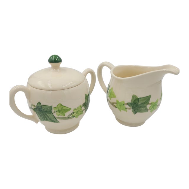 1950s Franciscan Ivy Hand-Decorated Creamer & Lidded Sugar Set - 3 Pieces For Sale