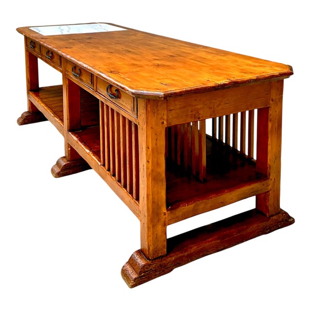 Vintage Monumental Rustic Wood and Marble Console Table For Sale