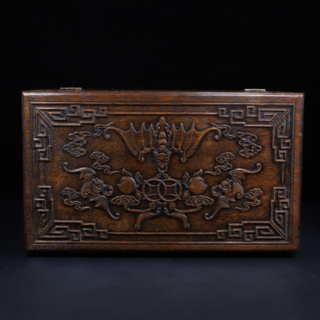 Brown Pair of Huali Rosewood Nesting Boxes Carved With Bat & Peach Motif For Sale - Image 8 of 10