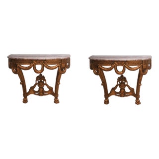 Pair of French Louis XV Style Marble Top Wall Console Tables For Sale