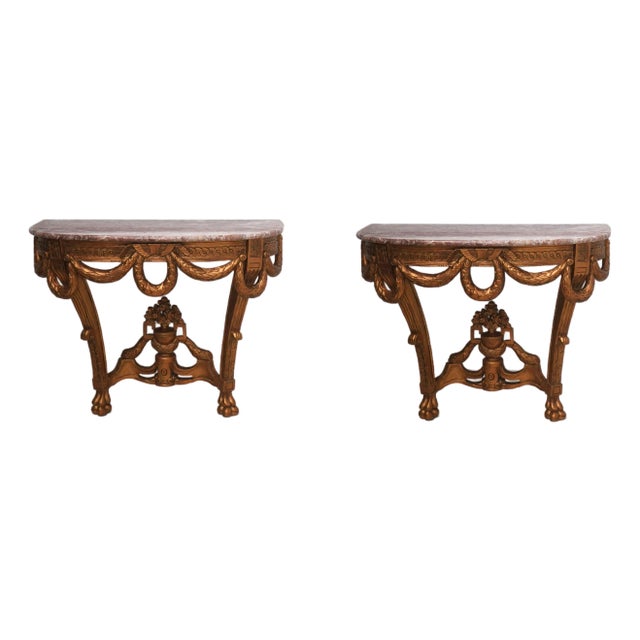 Pair of French Louis XV Style Marble Top Wall Console Tables For Sale