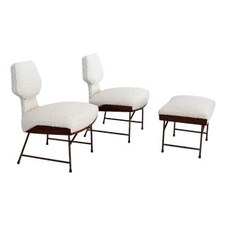 Slipper Chairs and Ottoman in Walnut and Bouclé by Renzo Zavanella, 1950, Set of 3 For Sale