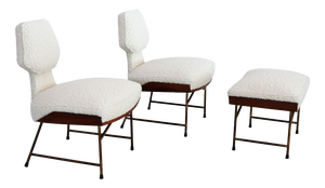 Slipper Chairs and Ottoman in Walnut and Bouclé by Renzo Zavanella, 1950, Set of 3