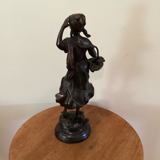 Victorian Antique Victorian Period Italian Bronze Sculpture of a Walking Girl W/Fruit Basket Circa 1900 For Sale - Image 3 of 12