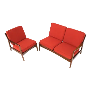 Danish Mid-Century Modern Walnut Lounge Chair Settee Loveseat Couch Sofa Set - A Pair