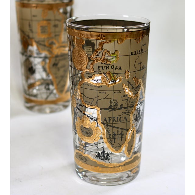 Mid-Century Modern Vintage Cera Glass Black and Gold Old World Map Pattern Highball Glasses - Set of 7 For Sale - Image 3 of 11