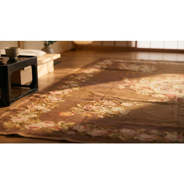 1830s Brown Floral Antique French Empire Aubusson Carpet 8' X 9'3" Flatweave Wool Rug For Sale - Image 12 of 12