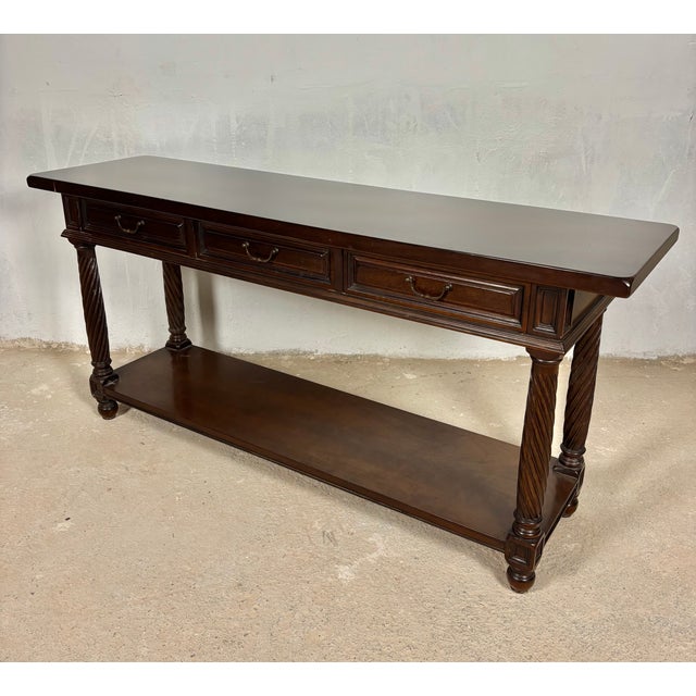 Large Spanish Walnut Rustic Console With Three Drawers and Lower Shelf, 1930s For Sale - Image 6 of 15