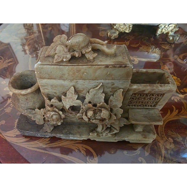 Vintage Hand-Carved Asian Soapstone Scholar’s Desk Set With Floral Motif For Sale - Image 11 of 12