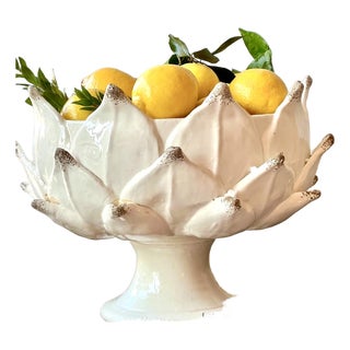 Italian Majolica Artichoke Pedestal Bowl, Antique Ivory For Sale