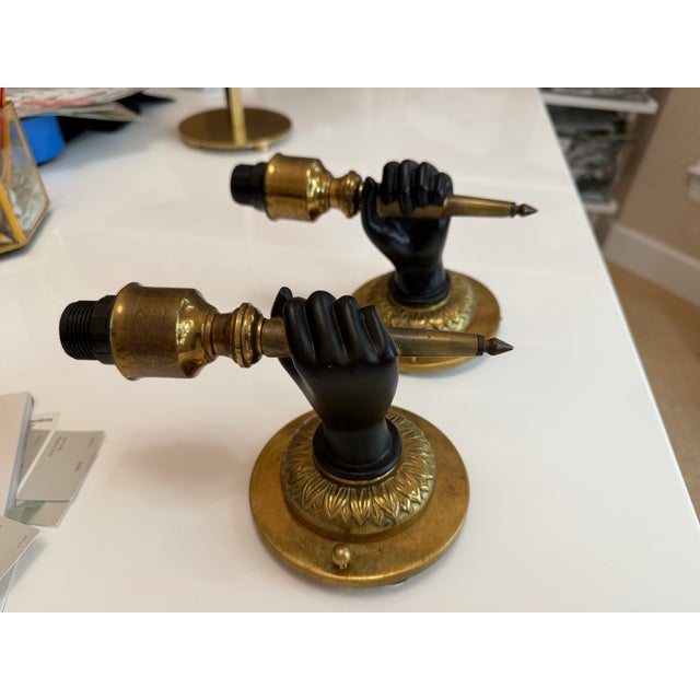 1930s 1930s Maison Charles French Brass Fist and Torch Wall Sconces - Set of 2 For Sale - Image 5 of 7