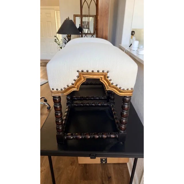 White A Pair of Antique White Foot Stools With Gold Accent For Sale - Image 8 of 15