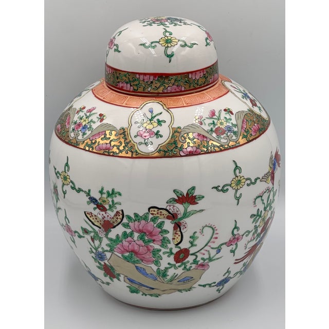Chinese Export Famille Rose Oriental Gilt Porcelain Lidded Ginger Jar Tea Caddie For Sale In Palm Springs - Image 6 of 11