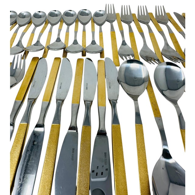 MCM Harvest Gold Flatware, 65pc Solair West Germany Service for 8, Textured Gold Retro Silverware, Forged Stainless Steel, Rare Hosting Set For Sale - Image 4 of 12