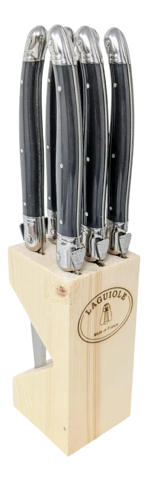 French Modern Jean Dubost Laguiole Handmade Stainless Steel and Charcoal Gray Resin Steak Knives - Set of 6