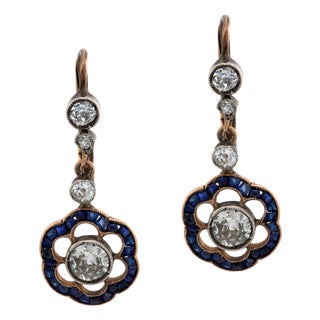 1910s Edwardian Diamond Sapphire Silver and 14k Rose Gold Flower Drop Earrings, A Pair For Sale