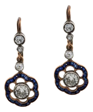 1910s Edwardian Diamond Sapphire Silver and 14k Rose Gold Flower Drop Earrings, A Pair