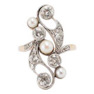 Antique Platinum 14k Pearl 1.55ctw Old Euro Diamonds Belle ÉPoque Cocktail Ring, Size 6.25 For Sale
