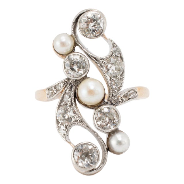 Antique Platinum 14k Pearl 1.55ctw Old Euro Diamonds Belle ÉPoque Cocktail Ring, Size 6.25 For Sale