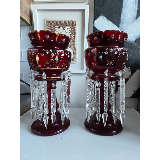 Glass 19th C Bohemian Cranberry Glass Enamel Lustres For Sale - Image 7 of 12