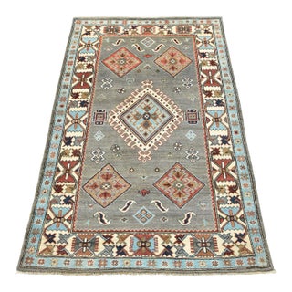 Kazak Rug 4′ X 6′ Gray Wool Tribal Hand-Knotted Oriental Carpet For Sale