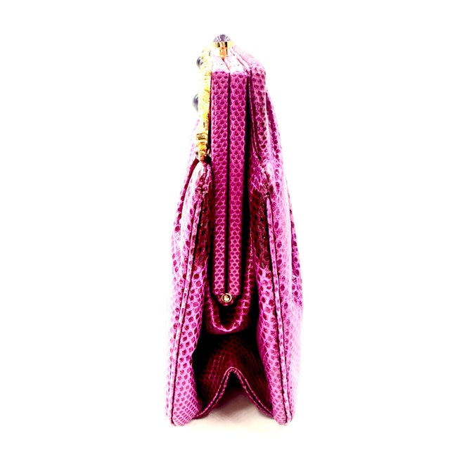 1990s 1990s Judith Leiber Karung SnakeSkin Fuschia Pink Handbag Pink Gemstones Clutch Shoulder Day Vintage For Sale - Image 5 of 12